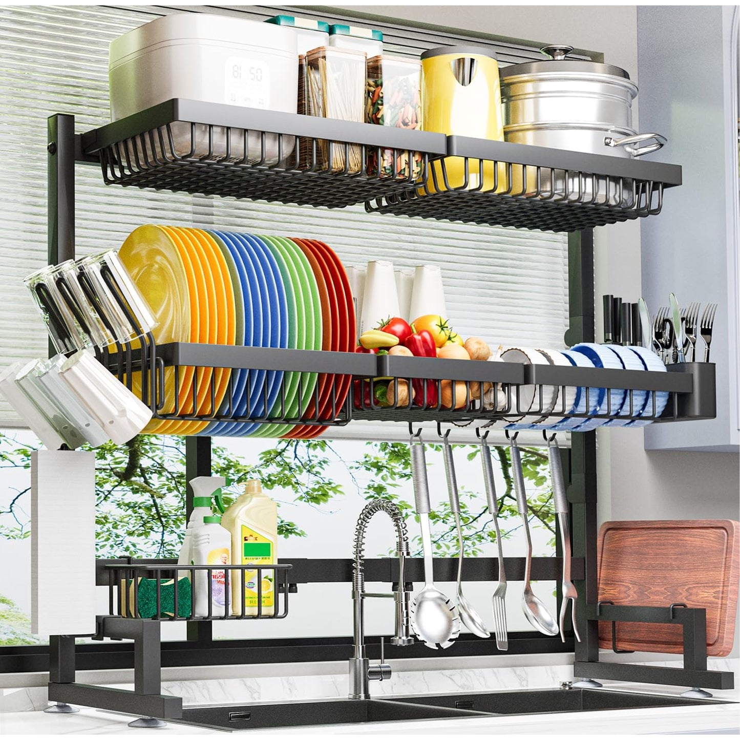 3-Tier Adjustable Over-Sink Dish Drying Rack With Storage Baskets & Hooks Rustproof Stainless Steel Black