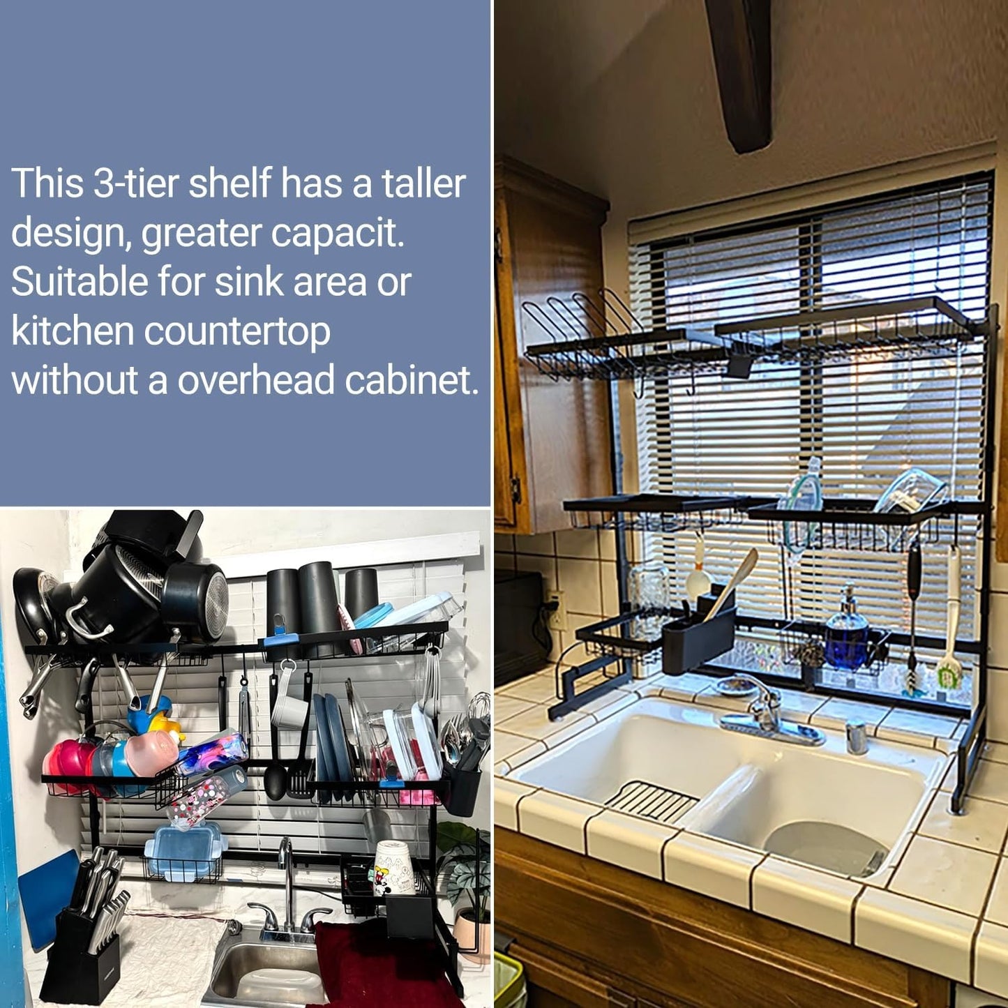 3-Tier Adjustable Over-Sink Dish Drying Rack With Storage Baskets & Hooks Rustproof Stainless Steel Black