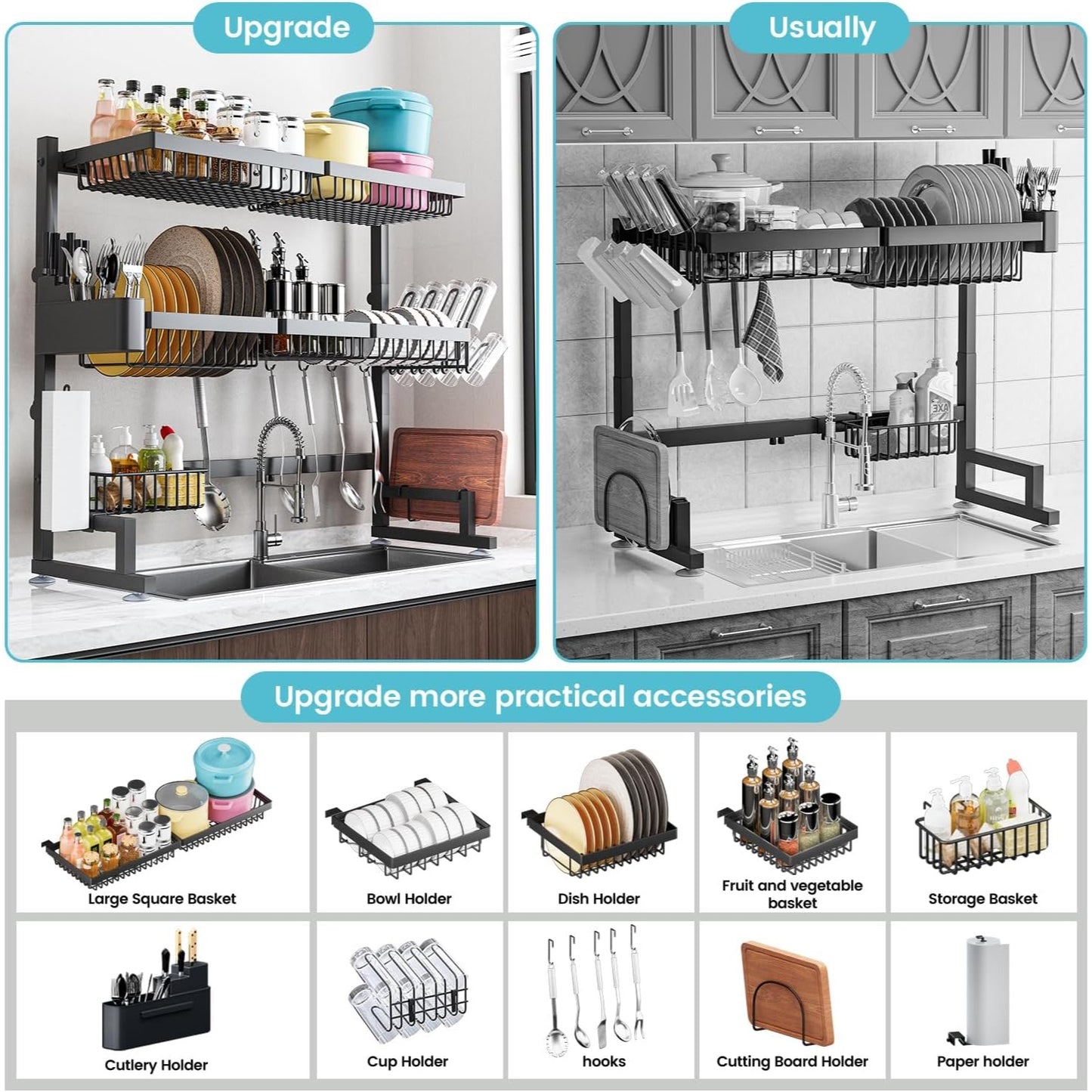 3-Tier Adjustable Over-Sink Dish Drying Rack With Storage Baskets & Hooks Rustproof Stainless Steel Black