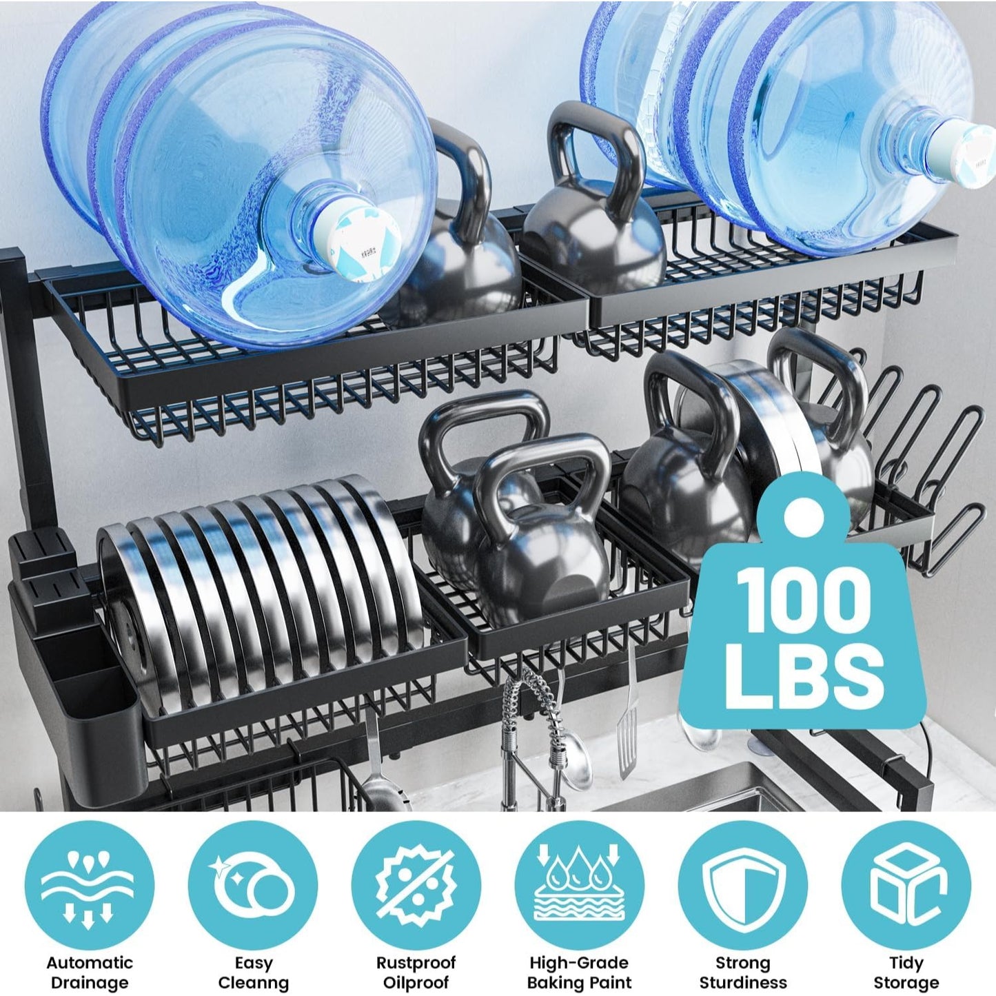 3-Tier Adjustable Over-Sink Dish Drying Rack With Storage Baskets & Hooks Rustproof Stainless Steel Black