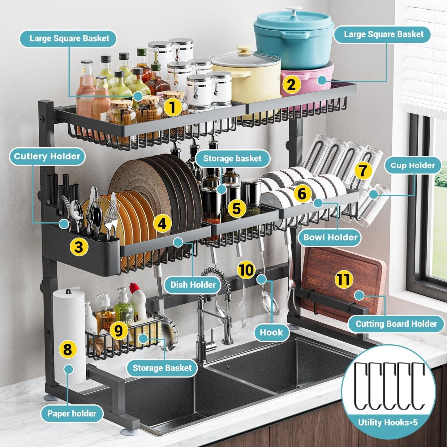 3-Tier Adjustable Over-Sink Dish Drying Rack With Storage Baskets & Hooks Rustproof Stainless Steel Black
