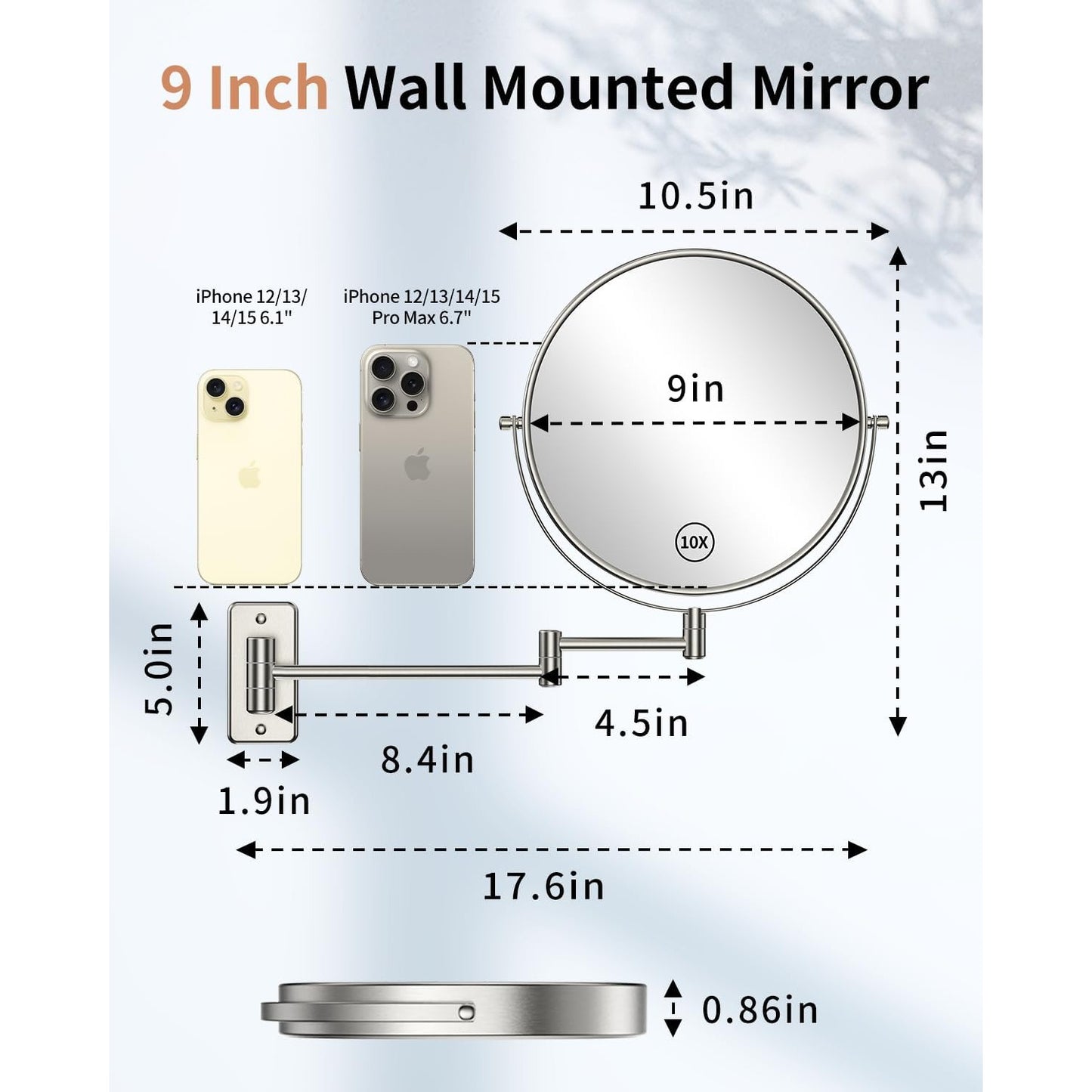 9 Inch Wall Mounted Makeup Mirror With 10X Magnification & 360° Swivel Extendable Arm Brushed Nickel Finish
