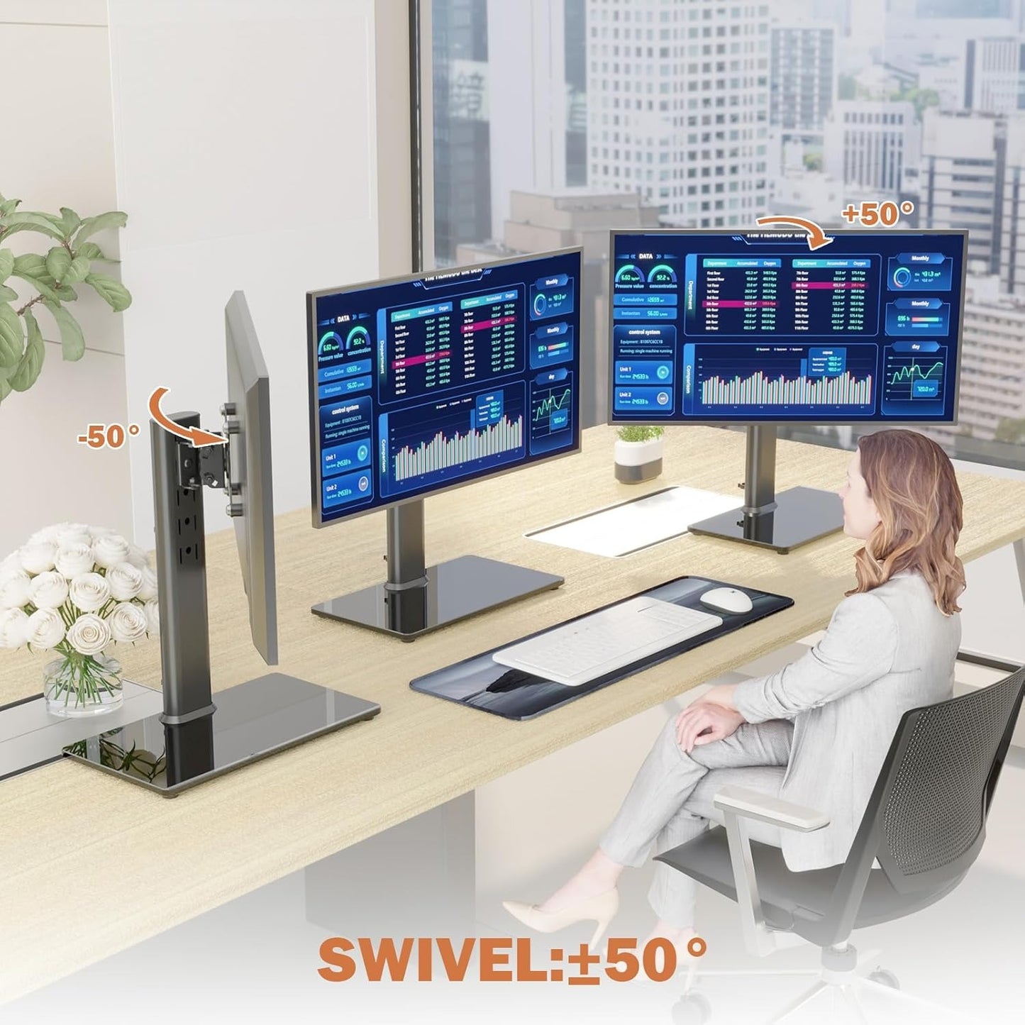 Single LCD Computer Monitor Free-Standing Desk Stand Mount Riser for 13 inch to 32 inch screen with Swivel, Height Adjustable, Rotation, Ves