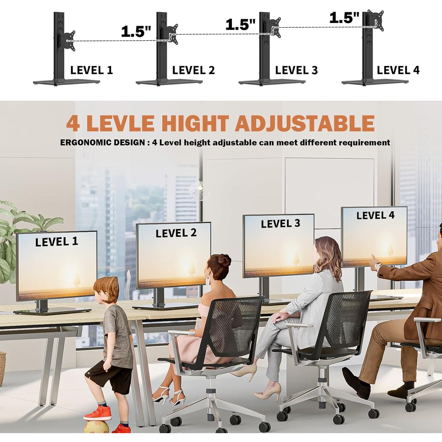 Single LCD Computer Monitor Free-Standing Desk Stand Mount Riser for 13 inch to 32 inch screen with Swivel, Height Adjustable, Rotation, Ves
