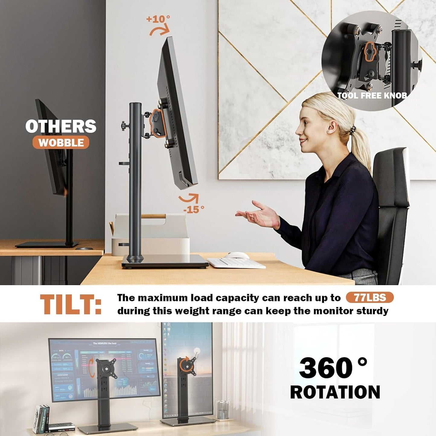 Single LCD Computer Monitor Free-Standing Desk Stand Mount Riser for 13 inch to 32 inch screen with Swivel, Height Adjustable, Rotation, Ves