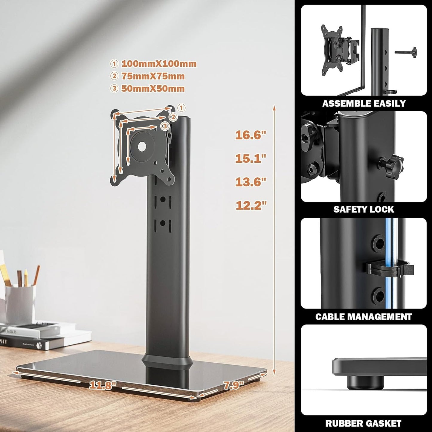 Single LCD Computer Monitor Free-Standing Desk Stand Mount Riser for 13 inch to 32 inch screen with Swivel, Height Adjustable, Rotation, Ves