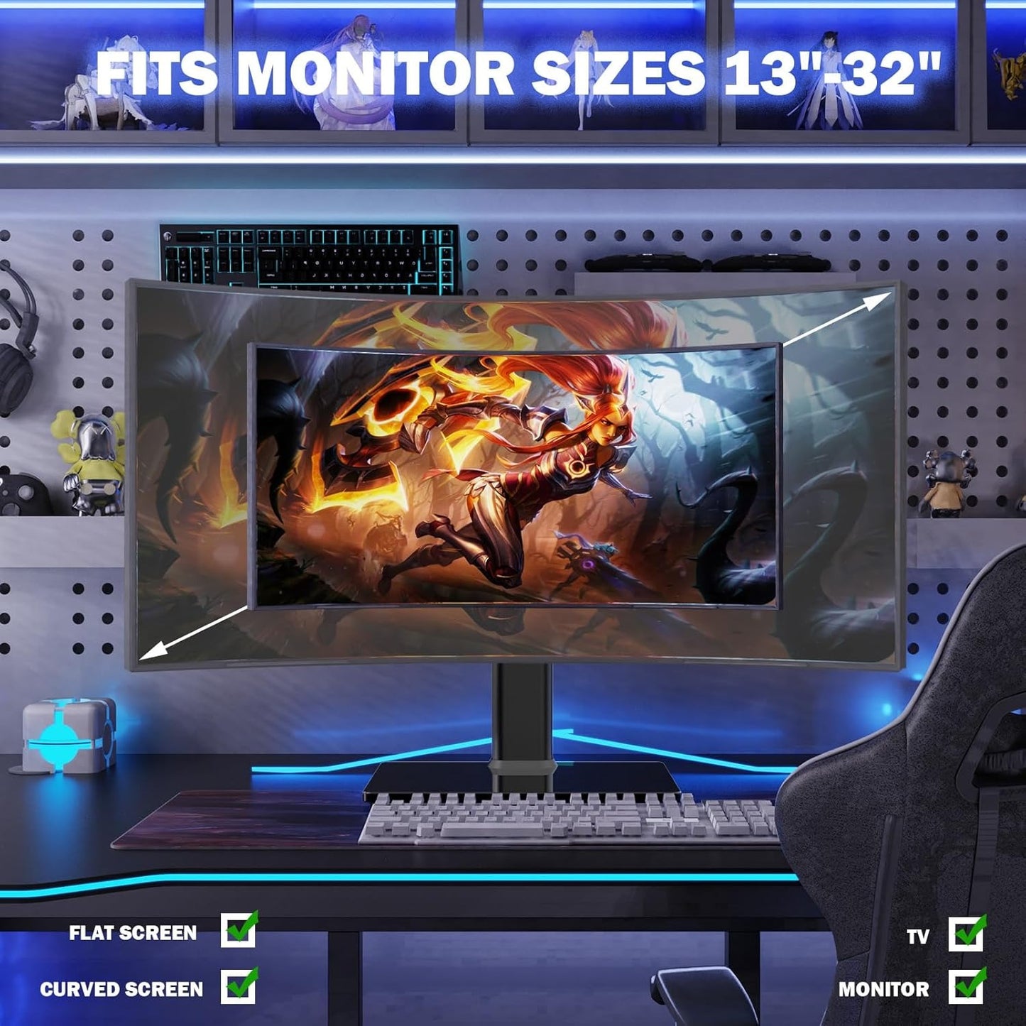 Single LCD Computer Monitor Free-Standing Desk Stand Mount Riser for 13 inch to 32 inch screen with Swivel, Height Adjustable, Rotation, Ves