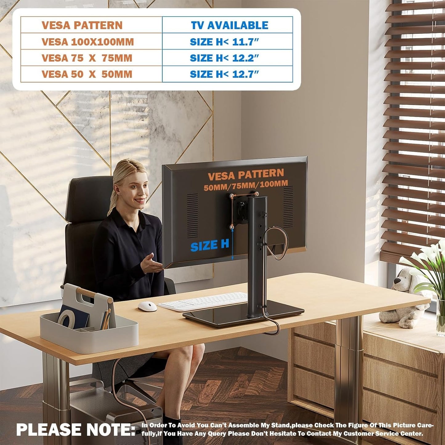 Single LCD Computer Monitor Free-Standing Desk Stand Mount Riser for 13 inch to 32 inch screen with Swivel, Height Adjustable, Rotation, Ves