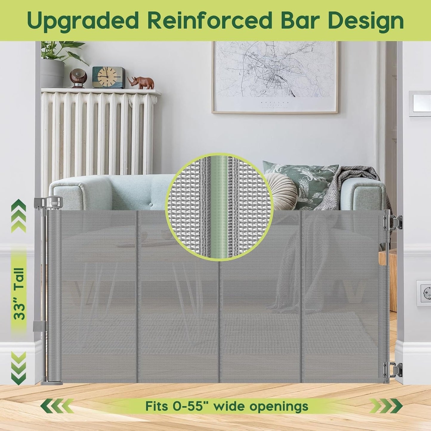 Reinforced 55" Wide Retractable Dog Gate with Support Beam Extra Tall Retractable Baby Gates for Doorway Mesh Pet Gate Retractable Gates for