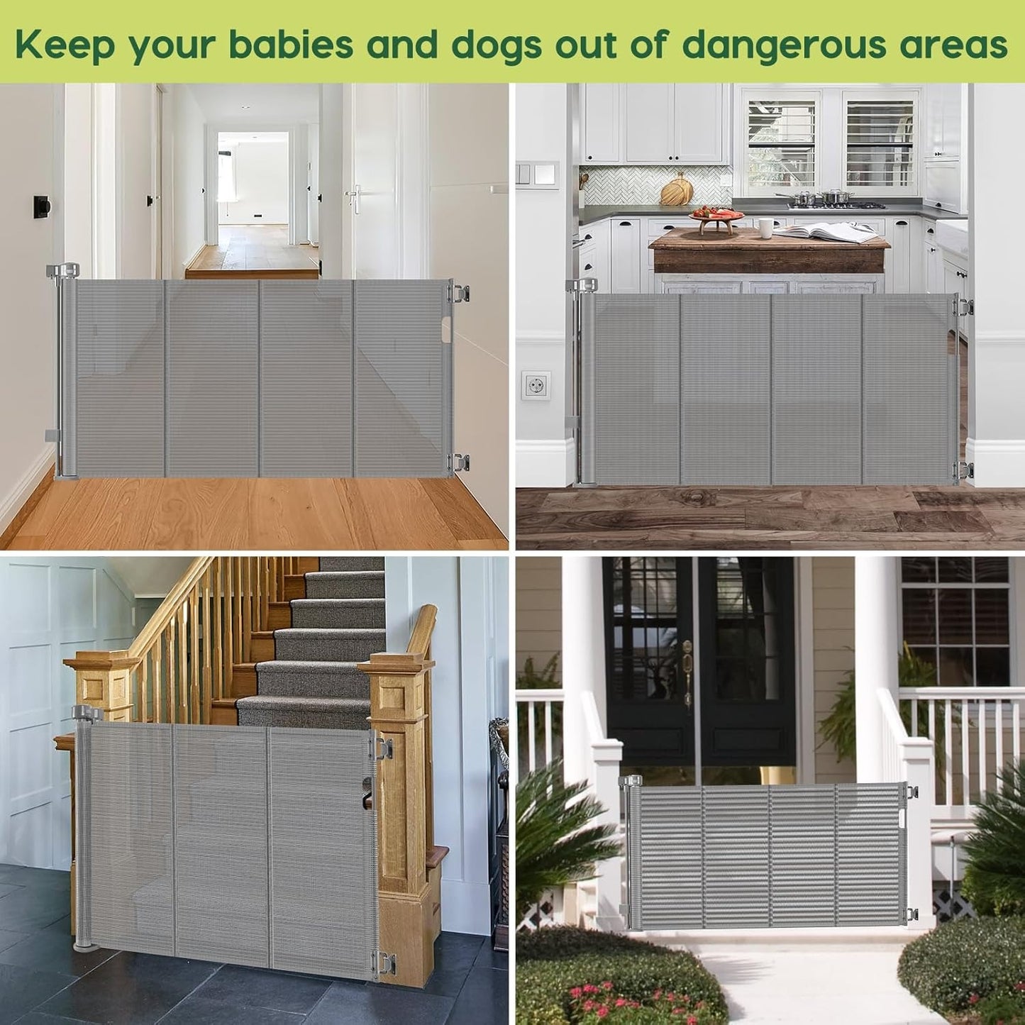 Reinforced 55" Wide Retractable Dog Gate with Support Beam Extra Tall Retractable Baby Gates for Doorway Mesh Pet Gate Retractable Gates for