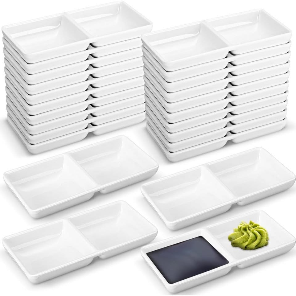 24 Sauce Dish Dual Dipping Bowls Melamine Dual Sauce Bowls Soy Two Compartments Party Trays Divided