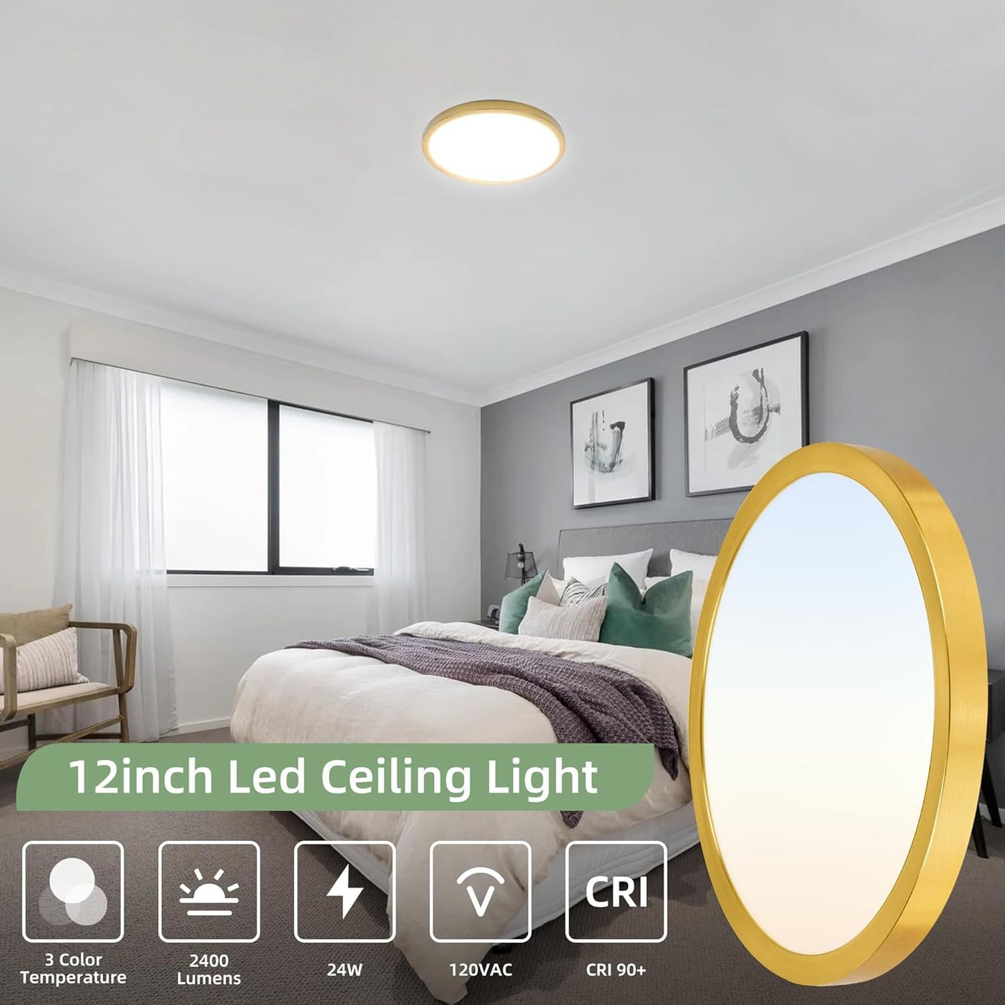 12 Inch Selectable CCT LED Round Flat Panel Light, 24W 3000K/4000K/5000K, Edge-Lit Flush Mount Ceiling Light Fixture for Kitchen, Bedroom, L