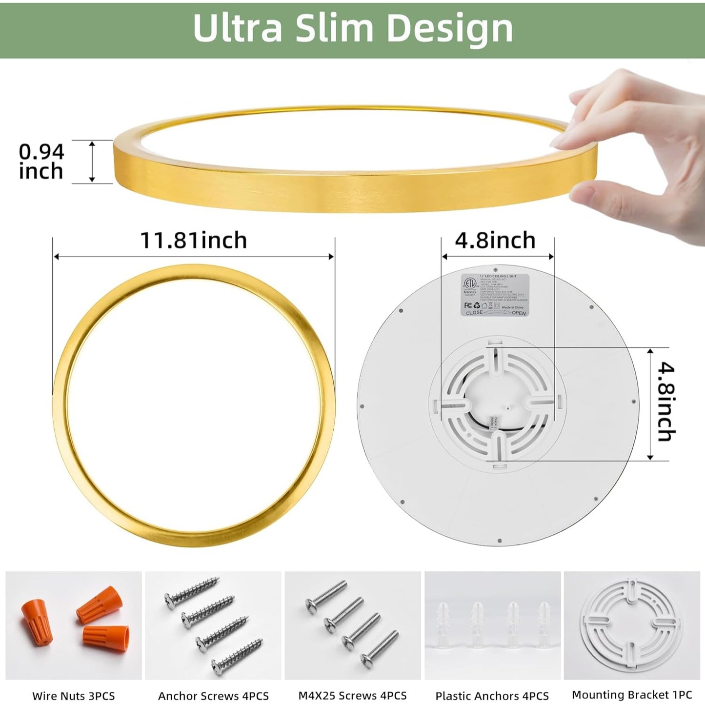 12 Inch Selectable CCT LED Round Flat Panel Light, 24W 3000K/4000K/5000K, Edge-Lit Flush Mount Ceiling Light Fixture for Kitchen, Bedroom, L