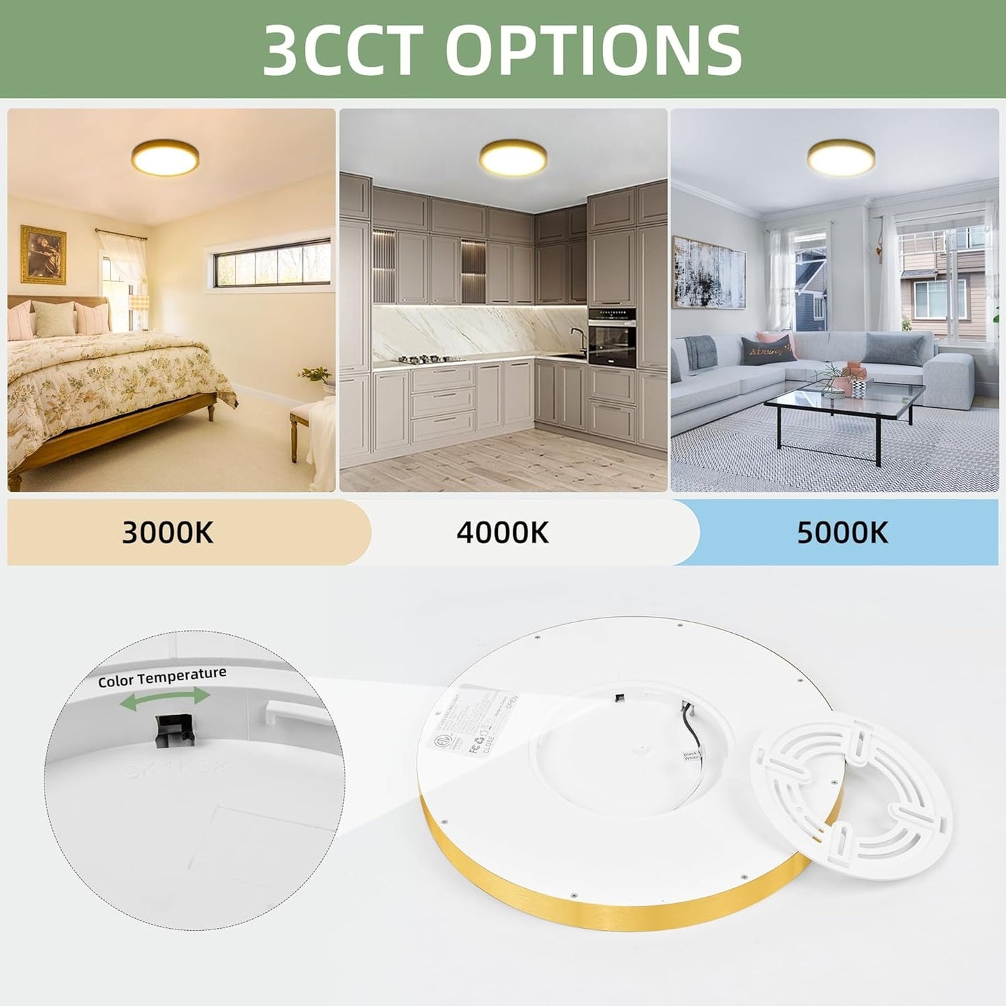 12 Inch Selectable CCT LED Round Flat Panel Light, 24W 3000K/4000K/5000K, Edge-Lit Flush Mount Ceiling Light Fixture for Kitchen, Bedroom, L