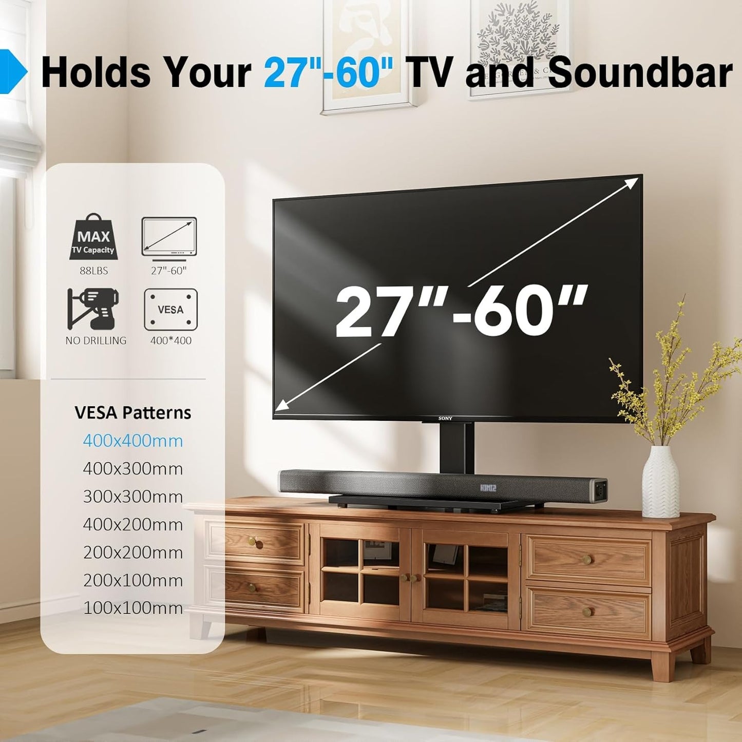 Universal TV Stand With Tempered Glass Base Fits 27"-60" TVs 9-Level Height Adjustable Cable Management Holds Up To 88 Lbs