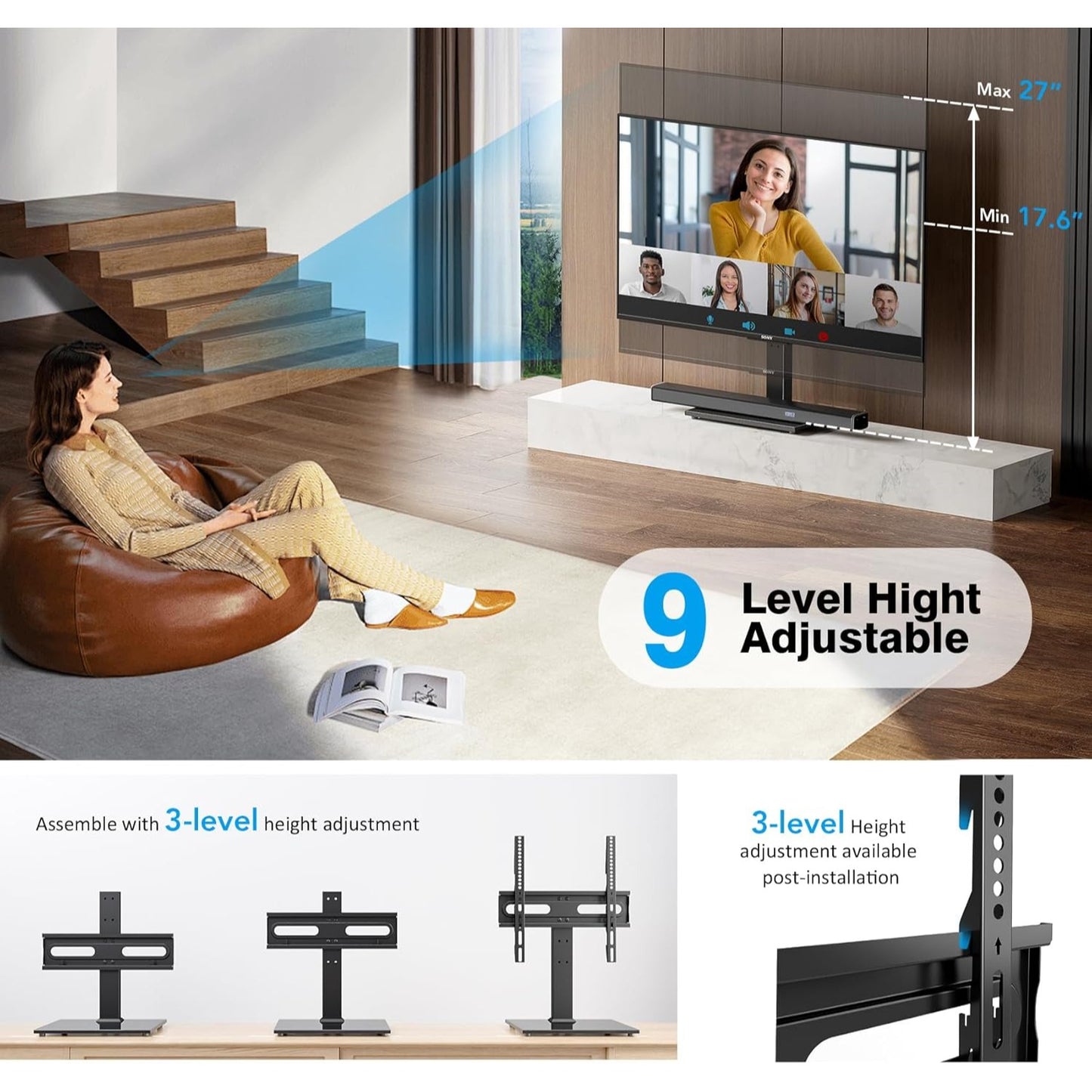 Universal TV Stand With Tempered Glass Base Fits 27"-60" TVs 9-Level Height Adjustable Cable Management Holds Up To 88 Lbs