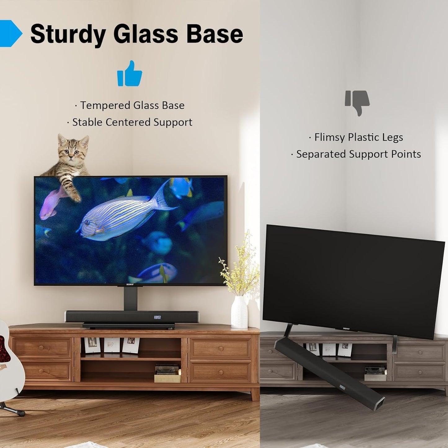 Universal TV Stand With Tempered Glass Base Fits 27"-60" TVs 9-Level Height Adjustable Cable Management Holds Up To 88 Lbs
