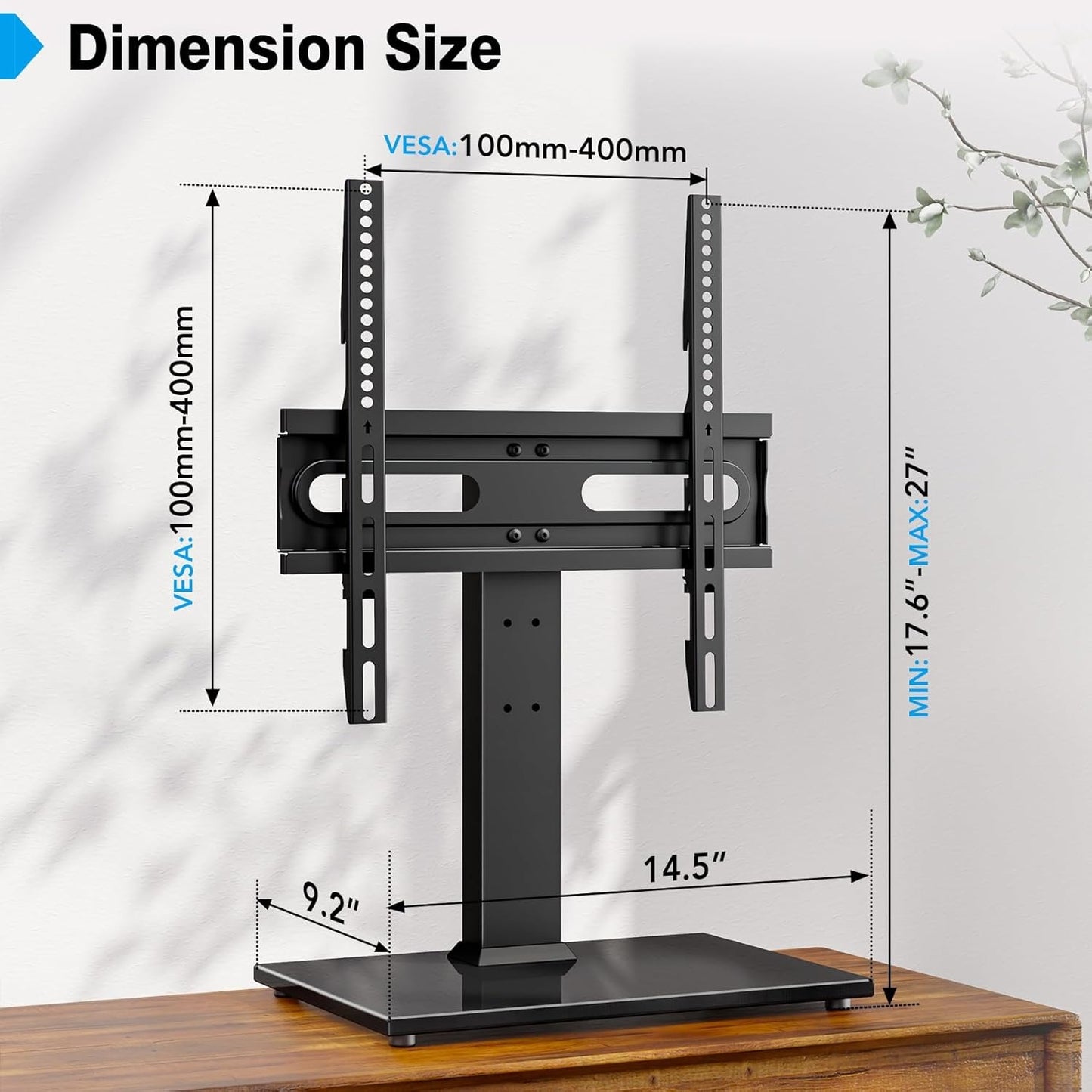 Universal TV Stand With Tempered Glass Base Fits 27"-60" TVs 9-Level Height Adjustable Cable Management Holds Up To 88 Lbs