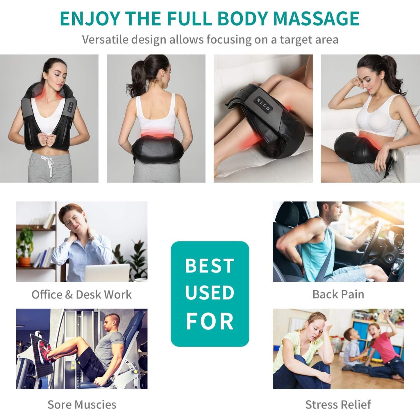 Shiatsu Neck & Back Massager With Heat 8 Deep-Kneading Nodes Adjustable Speed PU Leather Breathable Mesh Fabric For Pain Relief