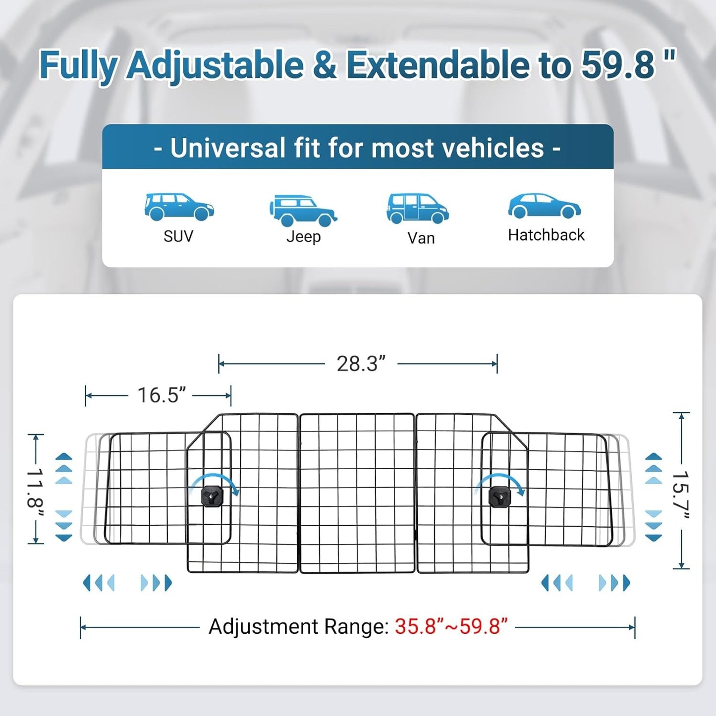 rabbitgoo Dog Car Barrier for SUVs, Adjustable Large Pet Gate, Universal-Fit Divider Cargo Net, Heavy-Duty Wire Mesh Dog Barrier SUV, Van Ve