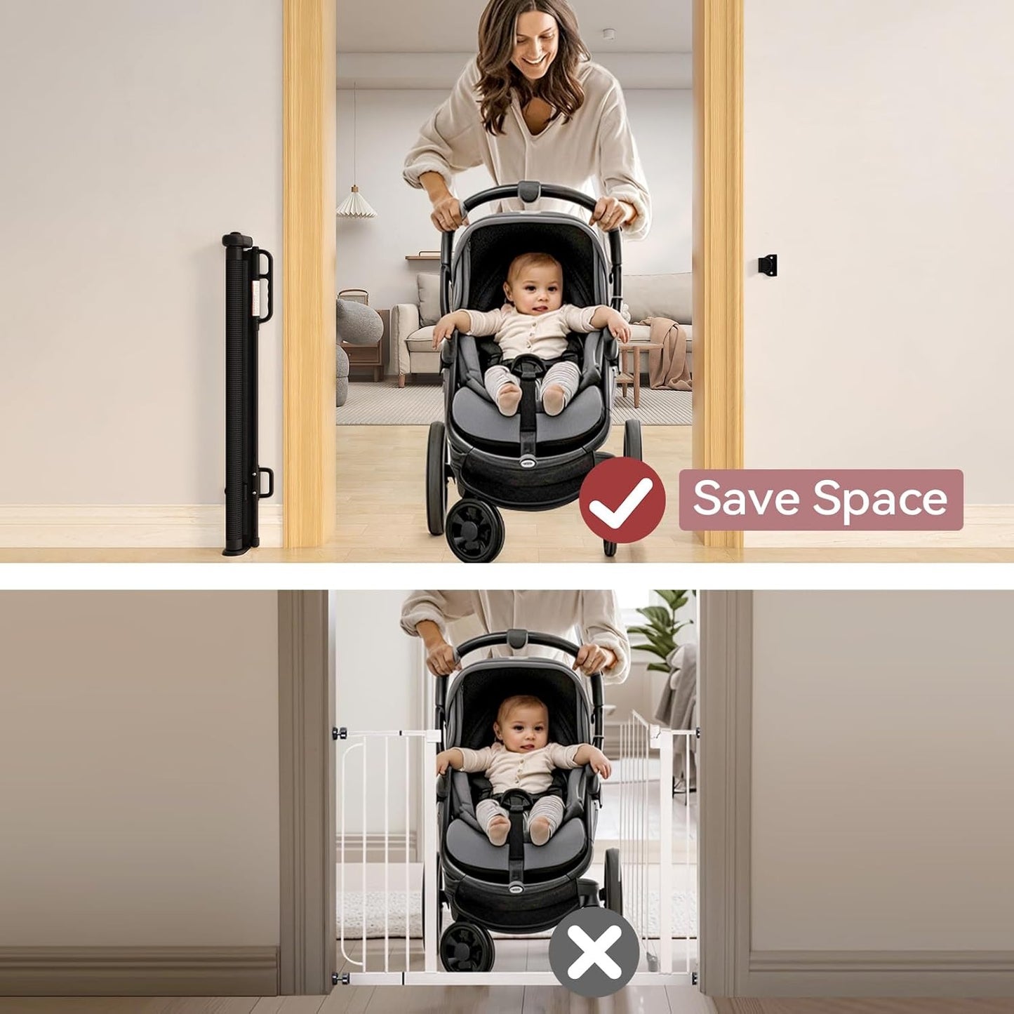 Retractable Baby & Pet Safety Gate Adjustable Up To 55" Width Black Mesh Easy Install & Double Lock Mechanism