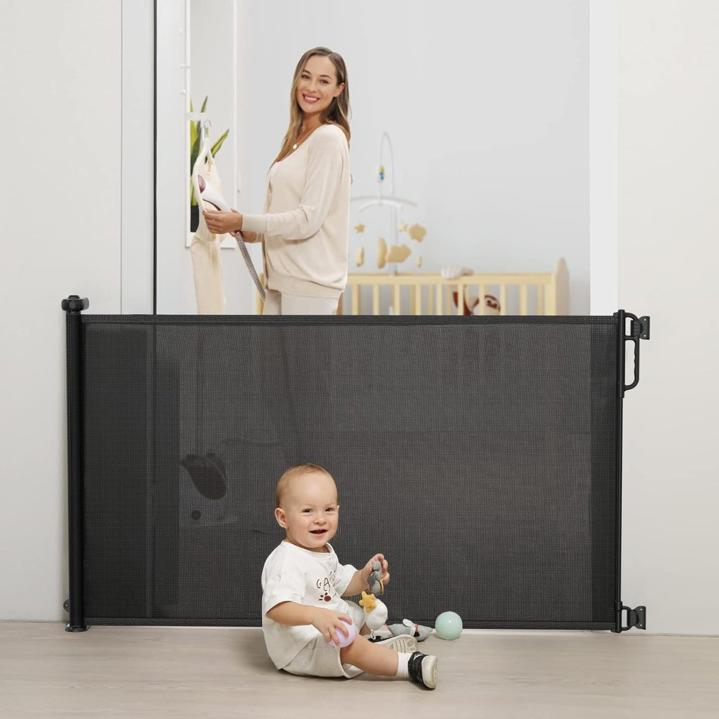 Retractable Baby & Pet Safety Gate Adjustable Up To 55" Width Black Mesh Easy Install & Double Lock Mechanism