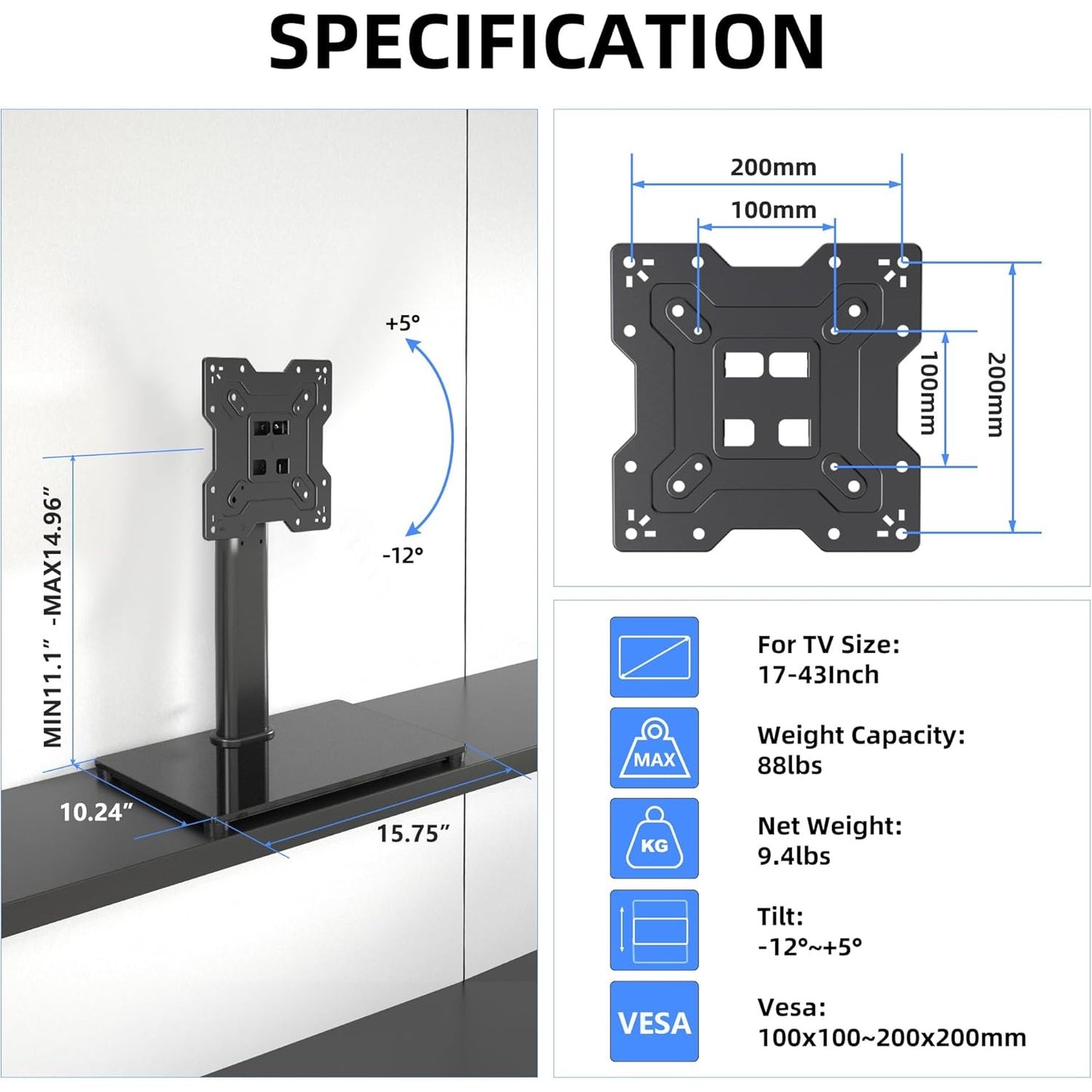 Universal TV Stand Base, Table Top TV Stand for 17-43 Inch LCD/LED TVs, Height Adjustable Monitor Mount Stand with Tempered Glass Base Holds