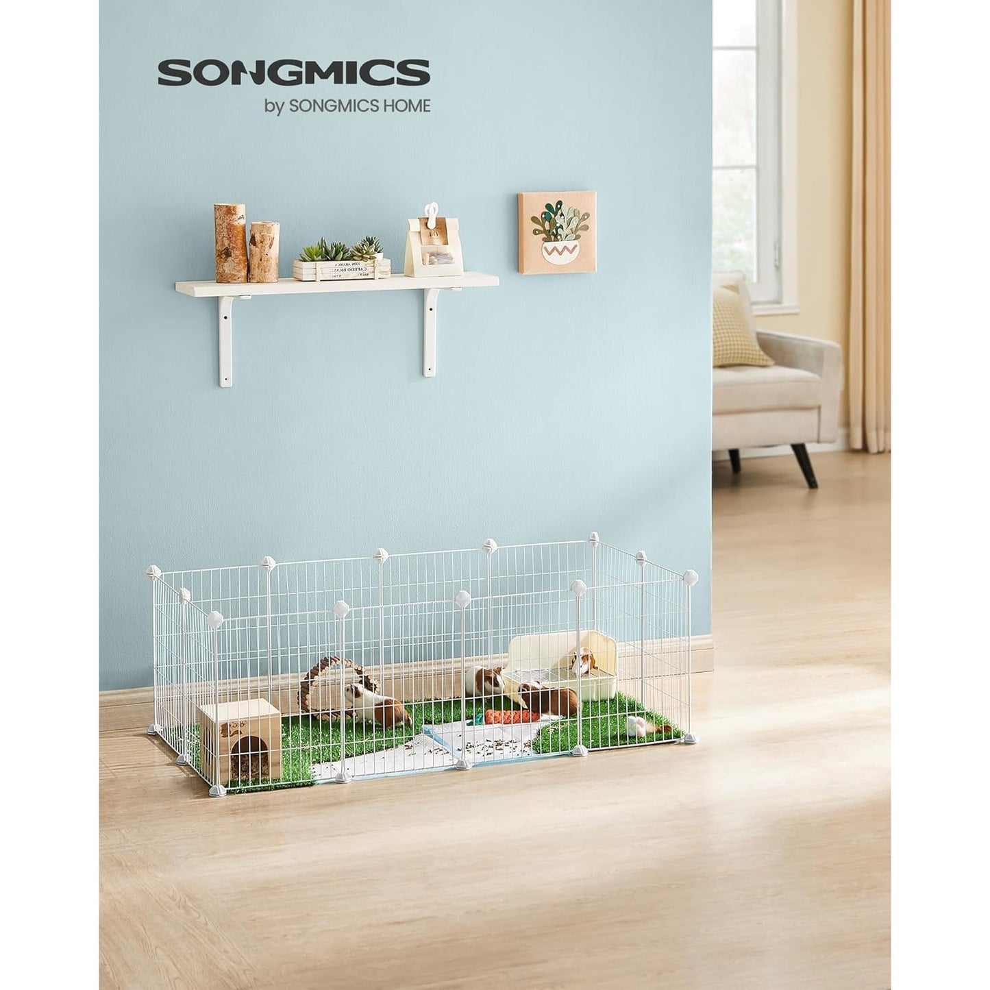 SONGMICS Pet Playpen, Small Animal Cage, Pet Fence with Cable Ties, DIY Metal Enclosure for Guinea Pigs, Hamsters, Rabbits, Hedgehogs, White