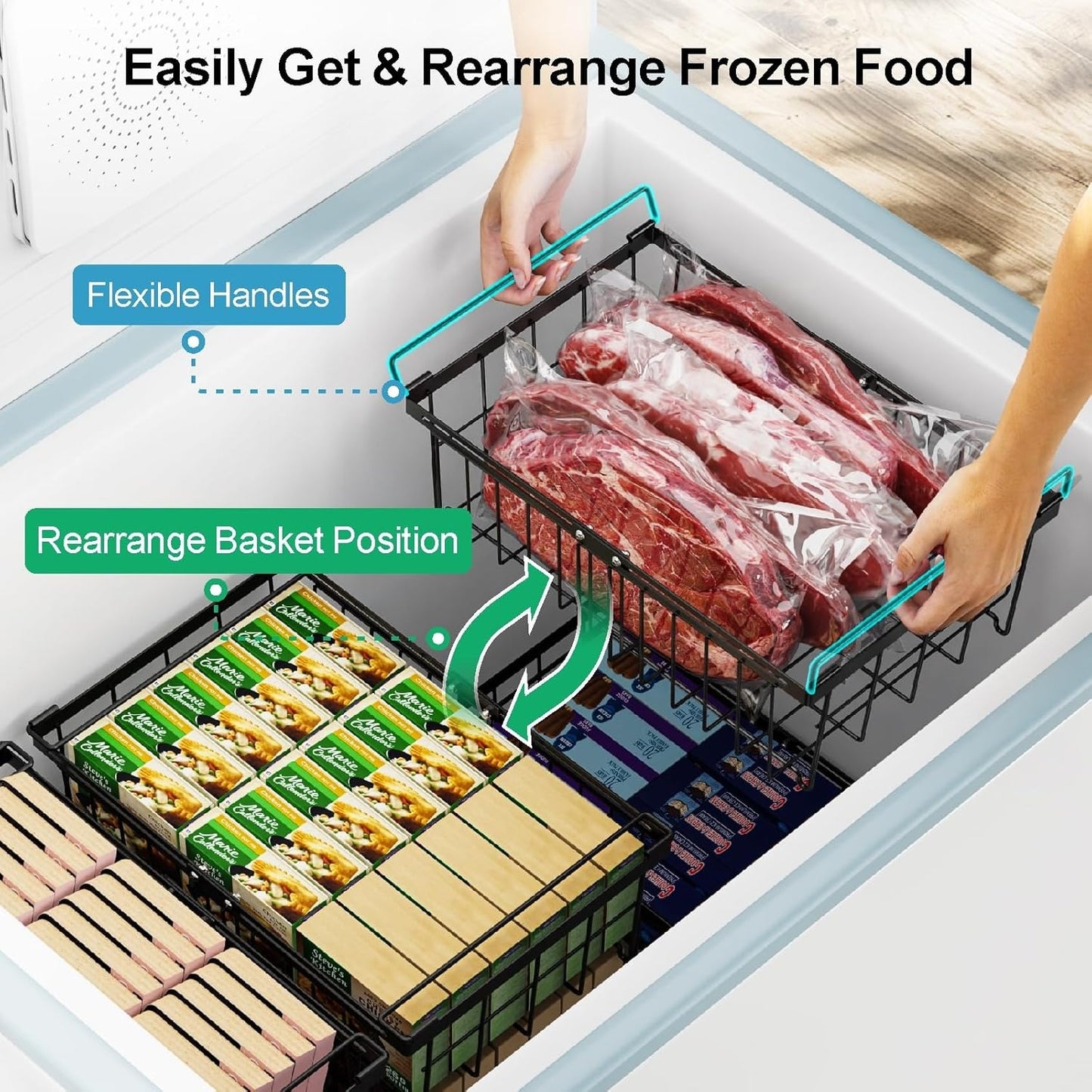 Stackable Freezer Storage Bins With Flexible Handles For 10-20 Cu.Ft Chest Freezer