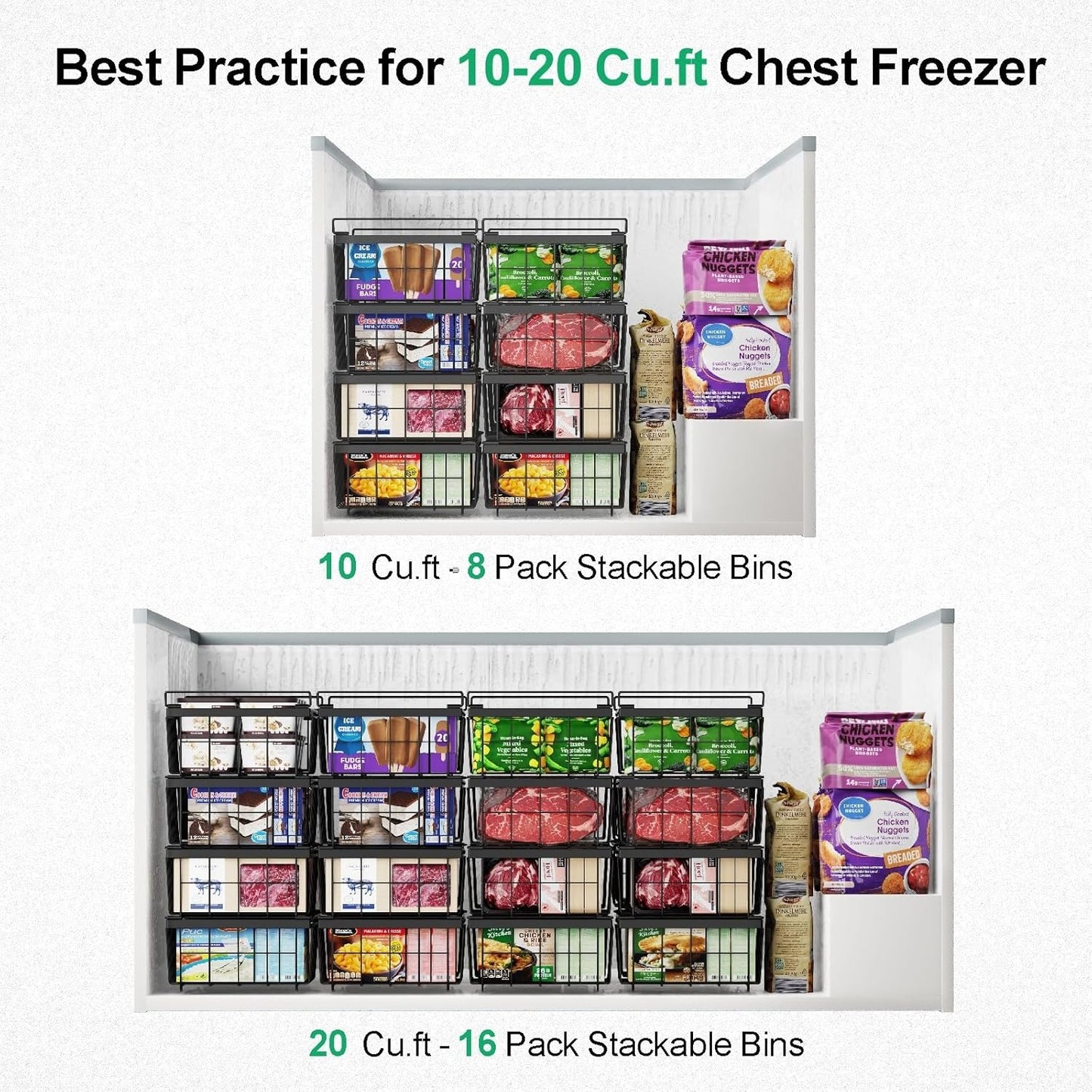 Stackable Freezer Storage Bins With Flexible Handles For 10-20 Cu.Ft Chest Freezer