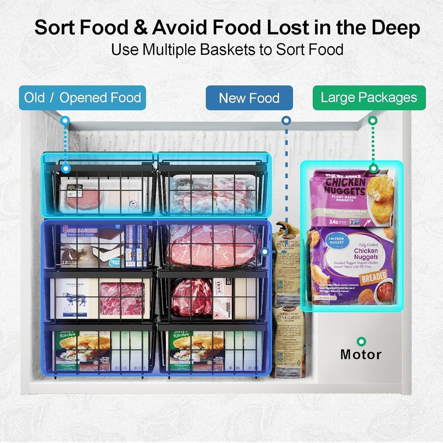 Stackable Freezer Storage Bins With Flexible Handles For 10-20 Cu.Ft Chest Freezer