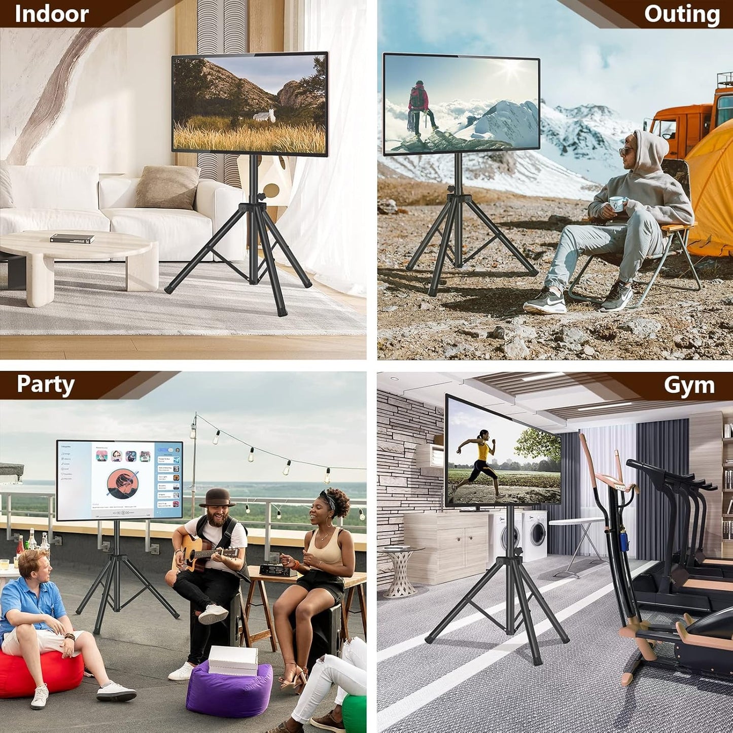 Tripod TV Stand for 23-75 inch Flat Screen/Curved TVs up to 100 lbs, Outdoor TV Stand with ±15° Tilt, Height Adjustable Portable TV Stand wi