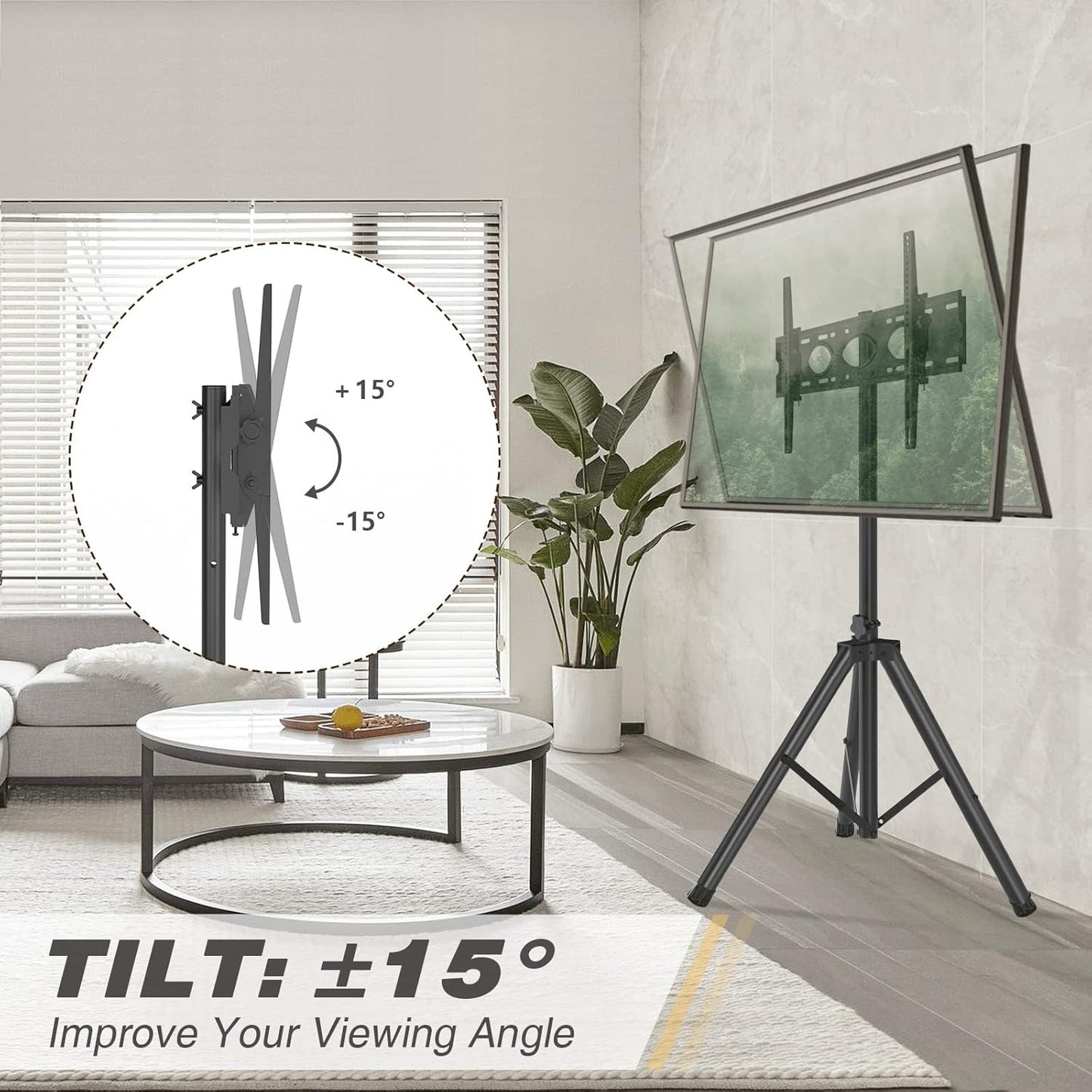 Tripod TV Stand for 23-75 inch Flat Screen/Curved TVs up to 100 lbs, Outdoor TV Stand with ±15° Tilt, Height Adjustable Portable TV Stand wi