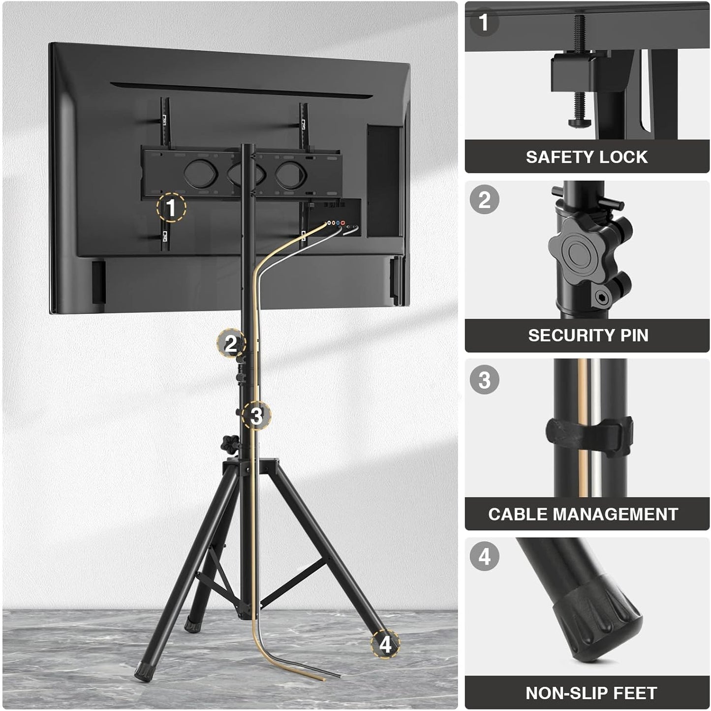Tripod TV Stand for 23-75 inch Flat Screen/Curved TVs up to 100 lbs, Outdoor TV Stand with ±15° Tilt, Height Adjustable Portable TV Stand wi