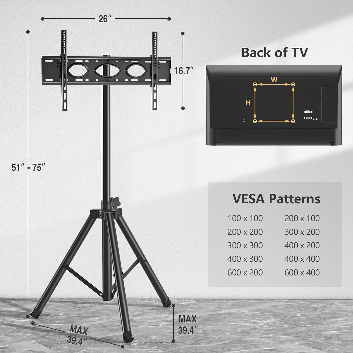 Tripod TV Stand for 23-75 inch Flat Screen/Curved TVs up to 100 lbs, Outdoor TV Stand with ±15° Tilt, Height Adjustable Portable TV Stand wi