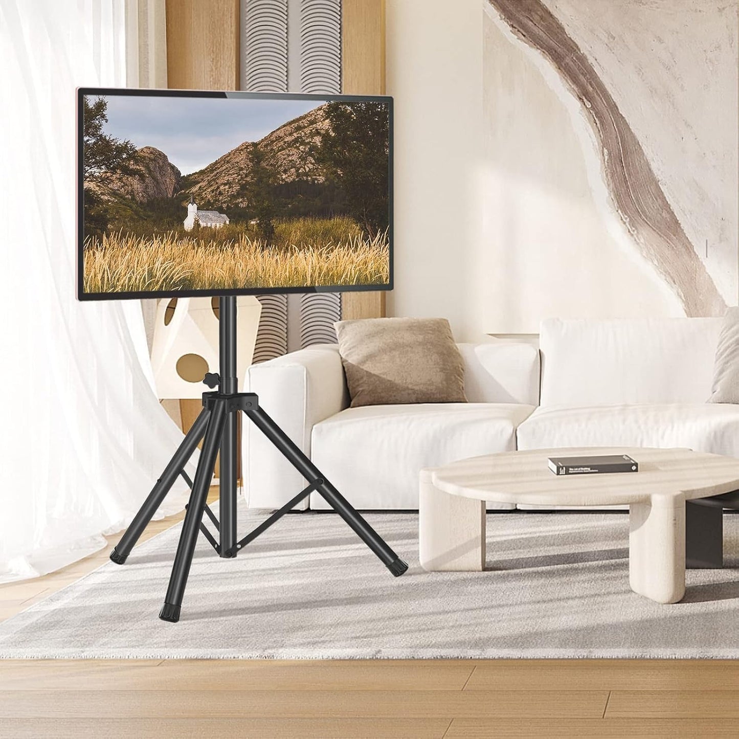 Tripod TV Stand for 23-75 inch Flat Screen/Curved TVs up to 100 lbs, Outdoor TV Stand with ±15° Tilt, Height Adjustable Portable TV Stand wi