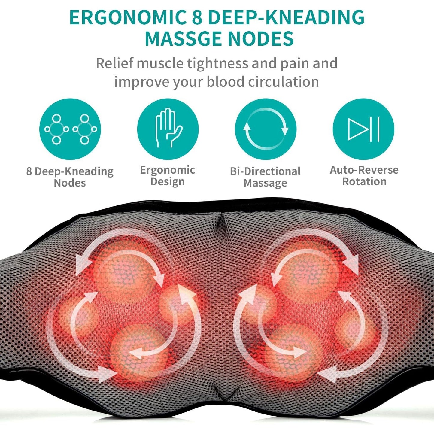 Shiatsu Neck and Back Massager with Soothing Heat, Electric Deep Tissue 3D Kneading Massage Pillow for Shoulder, Leg, Full Body Muscle Pain