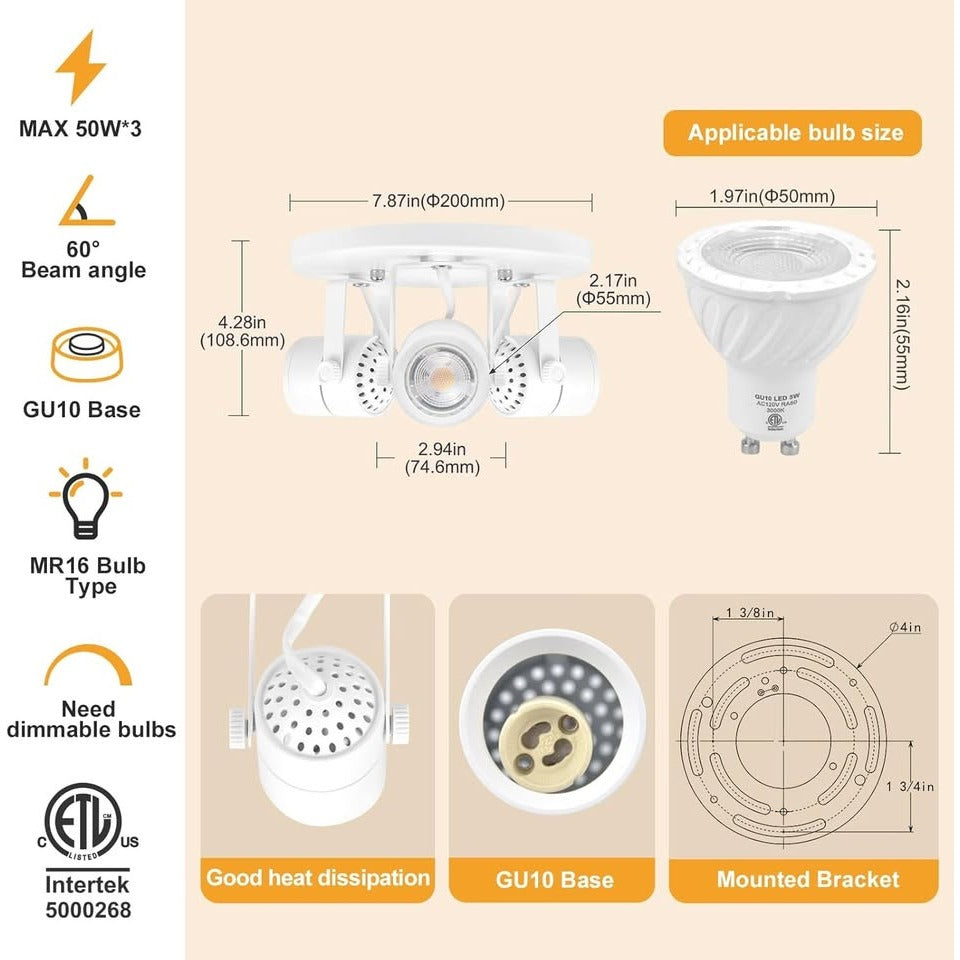 Replaceable 3 Light Ceiling Spotlight MR16 GU10 Base Ceiling Mount Adjustable Spotlight Fixture
