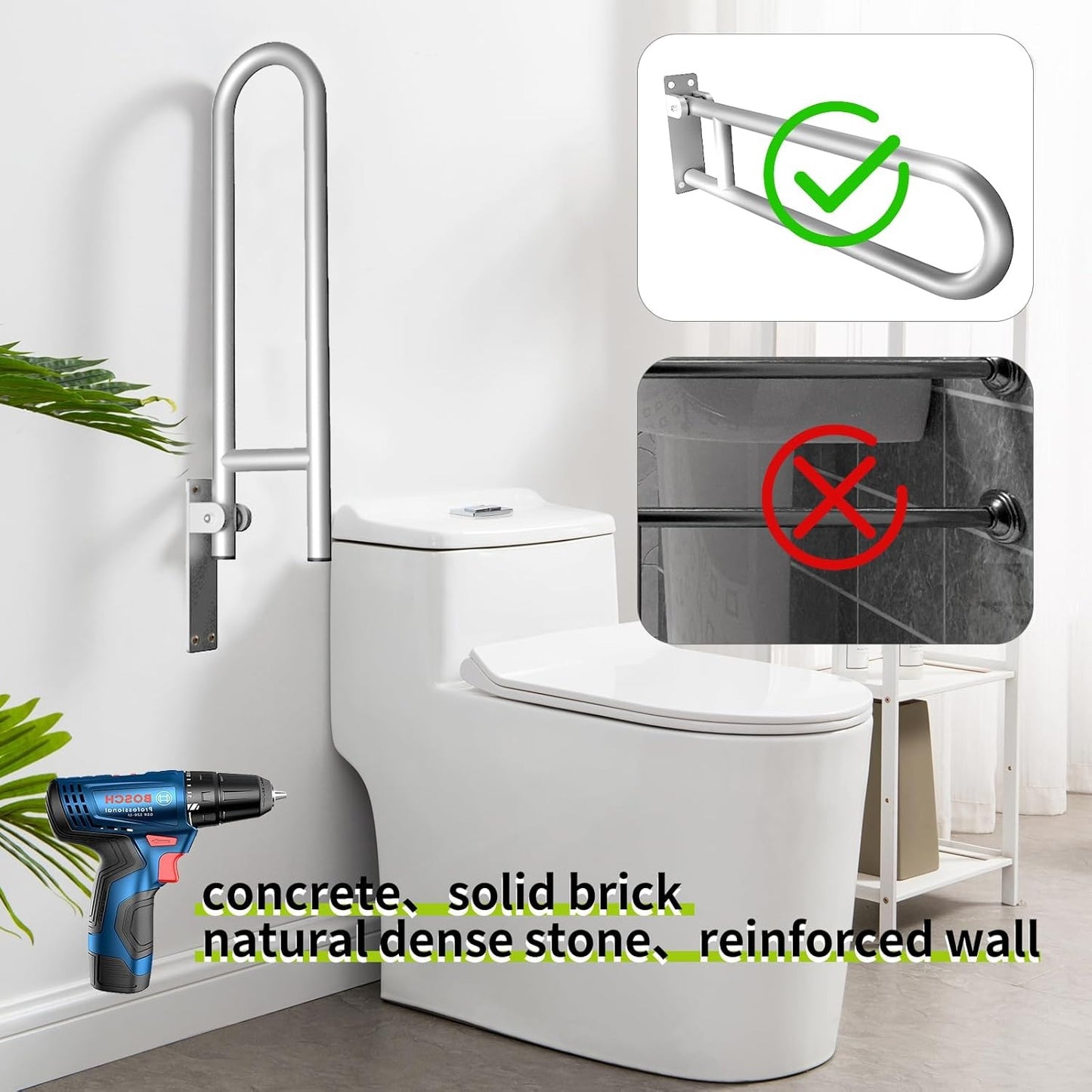 28 Inch Toilet Grab Bar Flip Up Aluminum Handicap Rails Grab Bars Load Capacity of 100 kg/220 lbs Toilet Rail Bathroom U Shaped and Wall Mou
