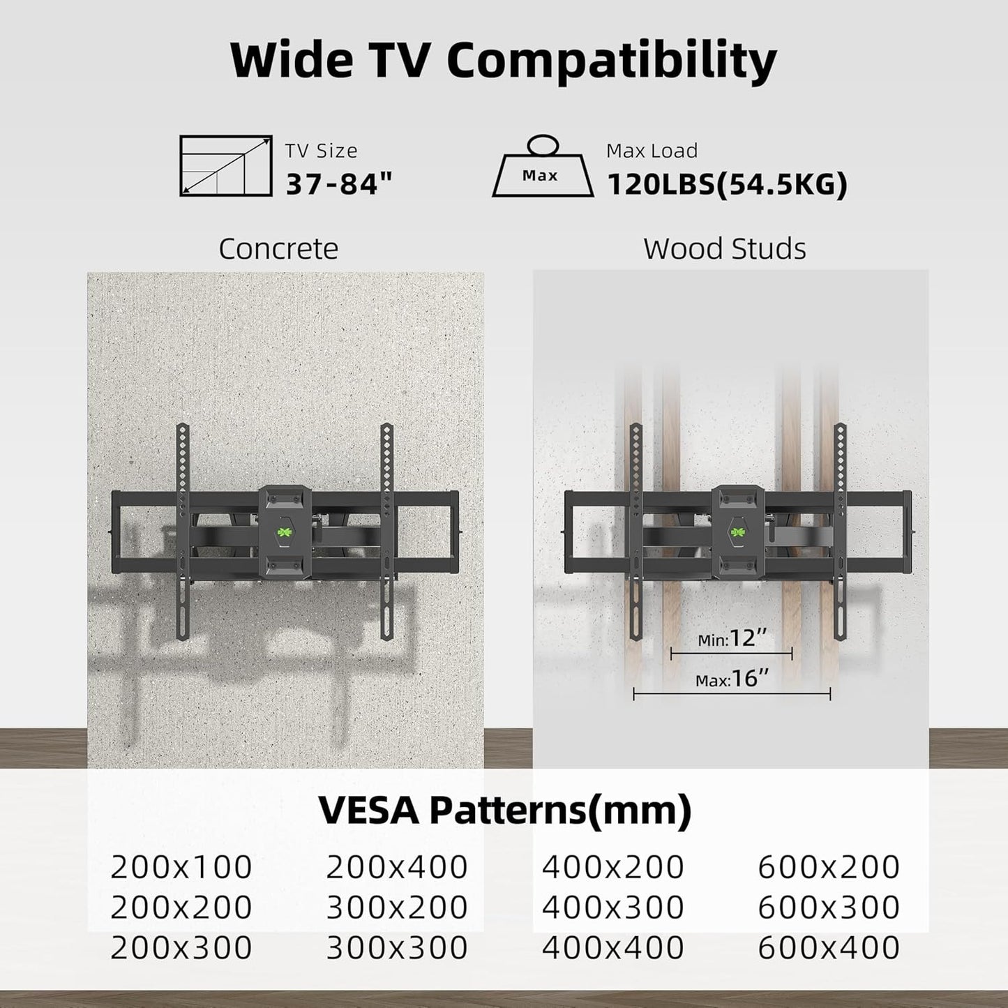 Universal Full Motion TV Wall Mount For 37-84" TVs Swivel Tilt Articulating Bracket Max Load 120 Lbs VESA Patterns Compatible