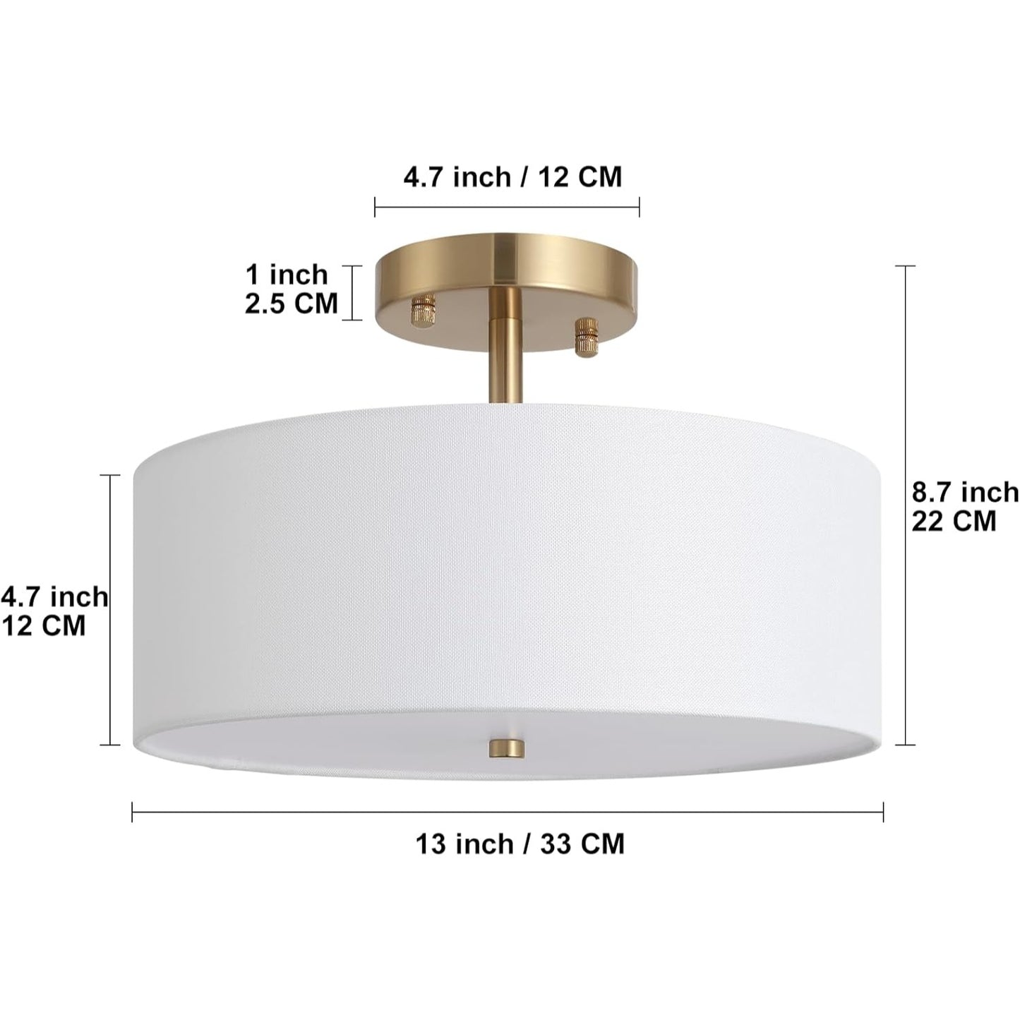 13" Semi Flush Mount Ceiling Light Fixture, 3 Light Gold Drum Light Fixtures with White Fabric Shade, Modern Close to Ceiling Lighting for L