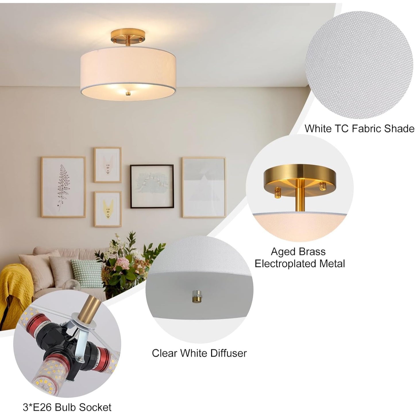 13" Semi Flush Mount Ceiling Light Fixture, 3 Light Gold Drum Light Fixtures with White Fabric Shade, Modern Close to Ceiling Lighting for L
