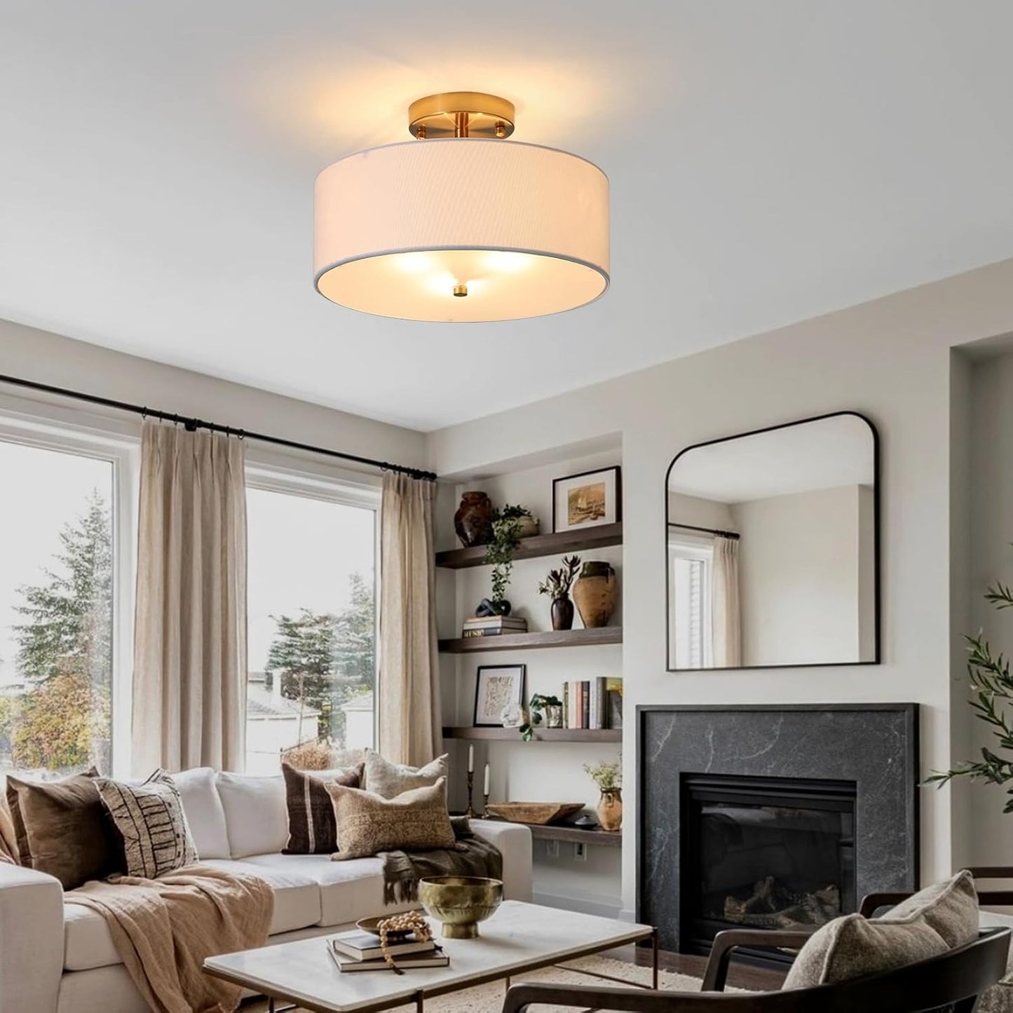 13" Semi Flush Mount Ceiling Light Fixture, 3 Light Gold Drum Light Fixtures with White Fabric Shade, Modern Close to Ceiling Lighting for L