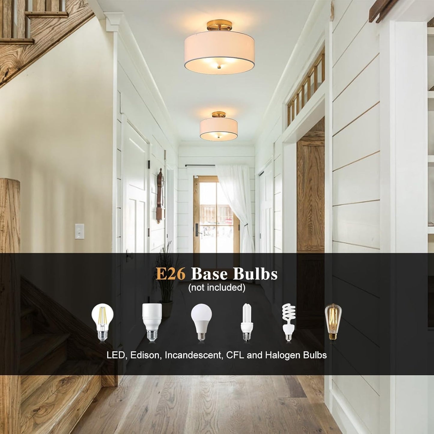 13" Semi Flush Mount Ceiling Light Fixture, 3 Light Gold Drum Light Fixtures with White Fabric Shade, Modern Close to Ceiling Lighting for L