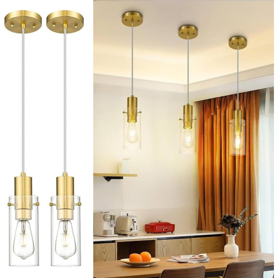 2 Pack Pendant Lights Kitchen Island, Brushed Gold Pendant Light Fixtures with Clear Glass Shade