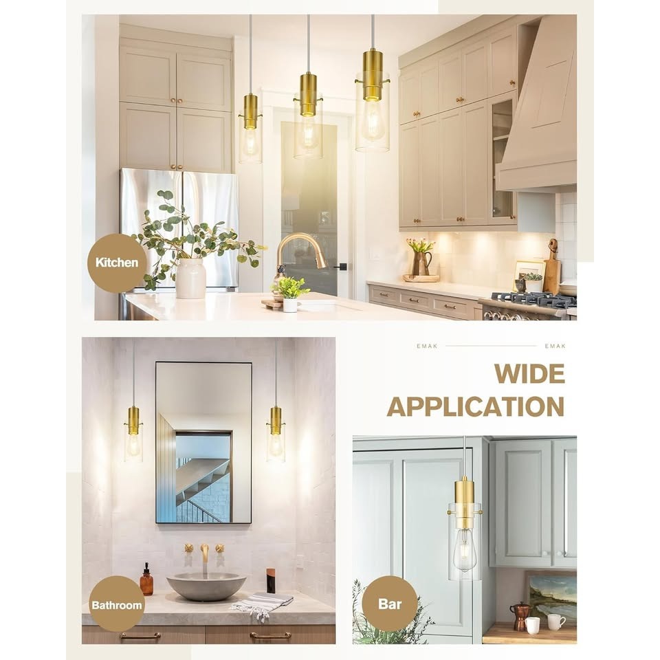 2 Pack Pendant Lights Kitchen Island, Brushed Gold Pendant Light Fixtures with Clear Glass Shade