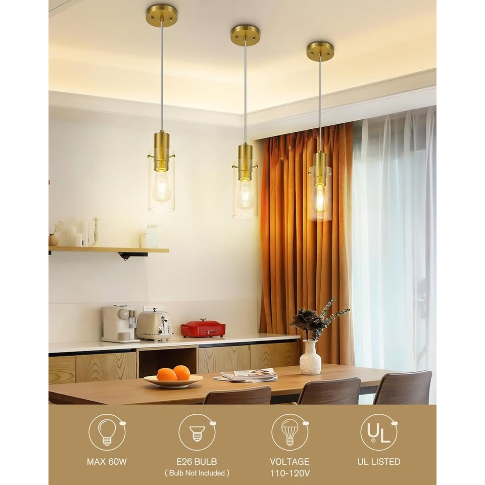 2 Pack Pendant Lights Kitchen Island, Brushed Gold Pendant Light Fixtures with Clear Glass Shade