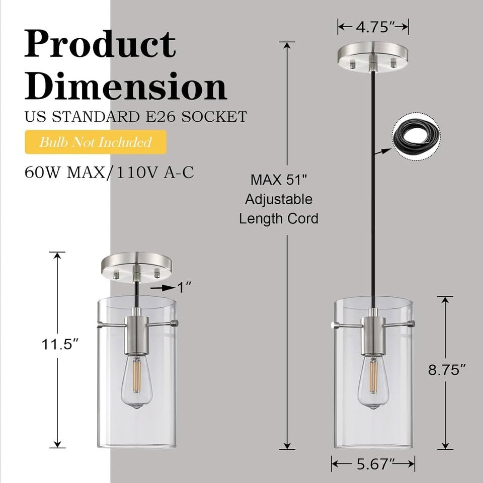 2 Pack 5.5" Clear Glass Modern Kitchen Island Pendant Light Brushed Nickel Finish
