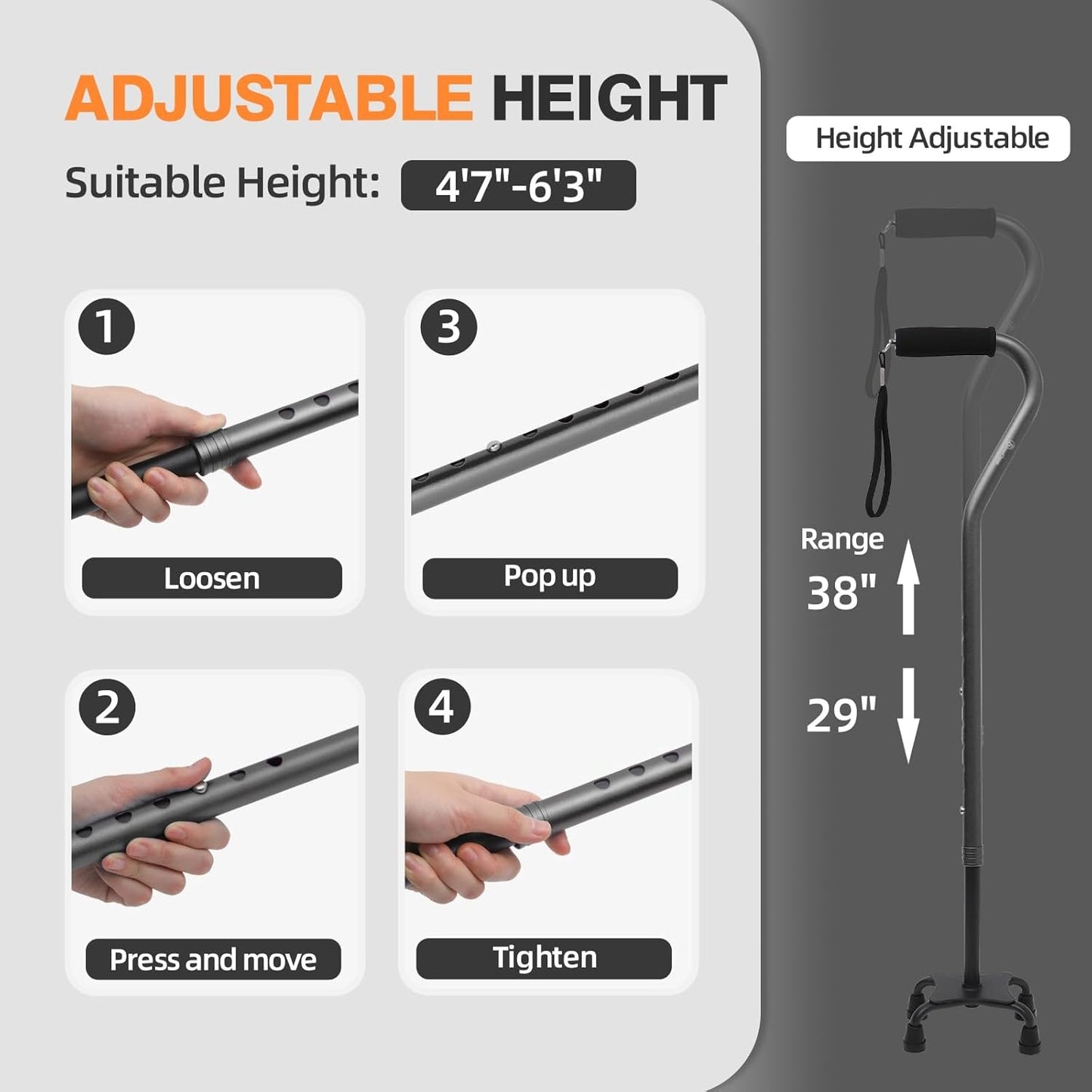 Quad Cane Adjustable Walking Cane with Offset Soft Cushioned Handle for Men Women Lightweight Comfortable with 4Pronged feet for Extra Stabi