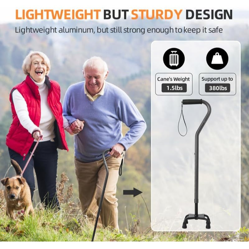 Quad Cane Adjustable Walking Cane with Offset Soft Cushioned Handle for Men Women Lightweight Comfortable with 4Pronged feet for Extra Stabi